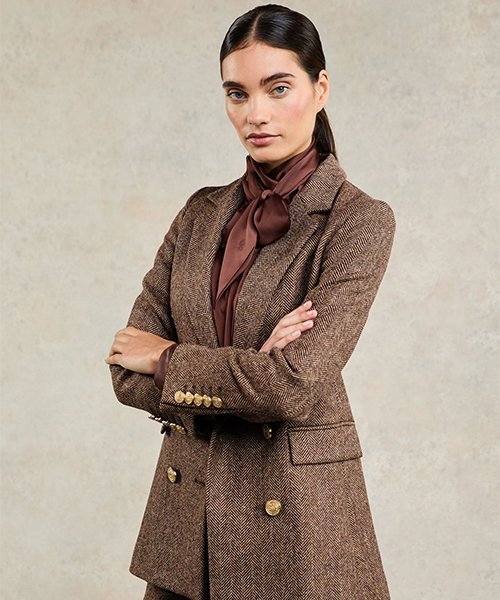2) Brown herringbone blazer (tailored, slightly oversized)