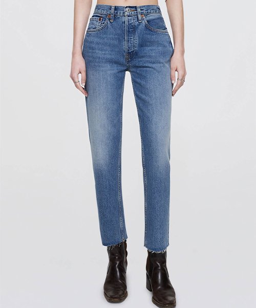 1) Stovepipe jeans (high-rise, slim-straight, clean ankle hem)