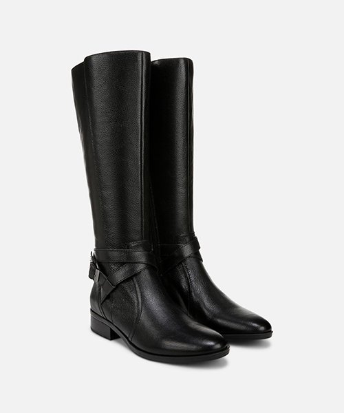 2) Tall boots (sleek shaft, walkable heel or flat)