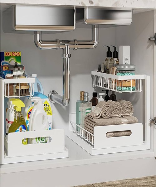 A compact under-sink organizer or pull-out bins