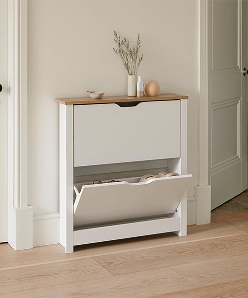 A slim shoe cabinet or narrow shoe rack